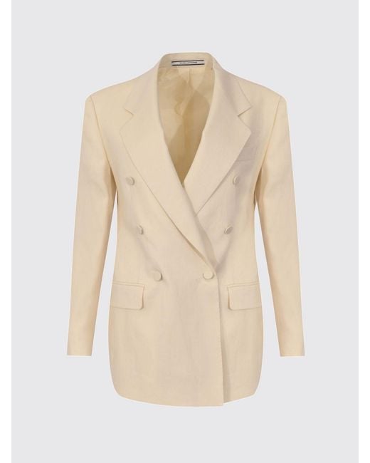 Tagliatore Natural Loreley Cropped Double-Breasted Linen Blazer With Peak Lapels