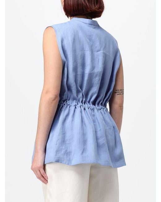 Giorgio Armani Blue Sleeveless Hemp Top With Crew Neck And Drawstring Waist
