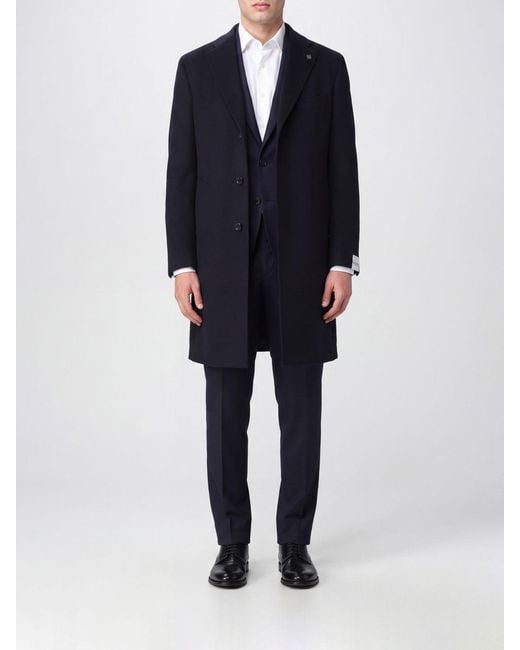 Tagliatore Blue Single-Breasted Knee-Length Wool Coat With Lapels for men