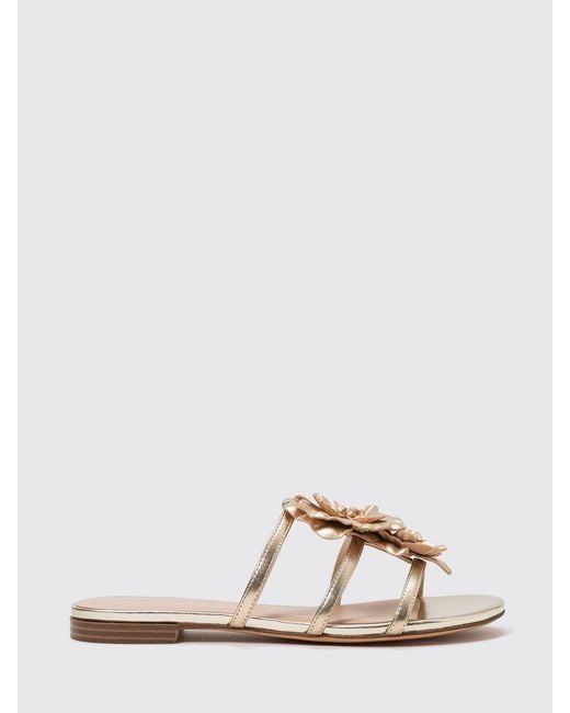 Twinset Metallic Laminated Leather Slide Sandals With Flower Appliqué And Low Heel