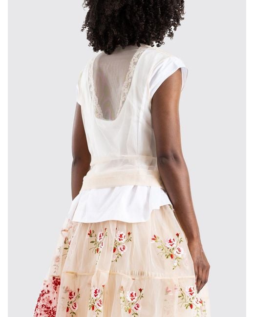Simone Rocha White Cotton T-Shirt With Embroidered Tulle Inserts And Crystals