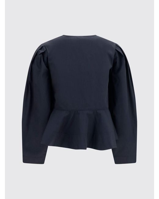 Ganni Blue Cropped Cotton Jacket With Ruched Shoulders And Tie Fastening