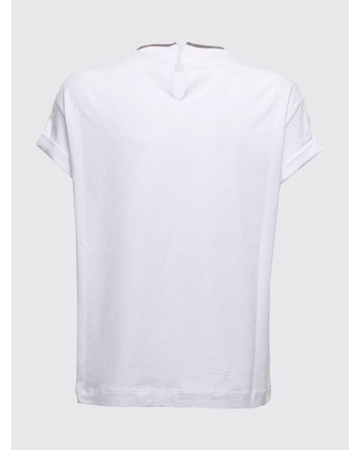 Brunello Cucinelli White Short-Sleeved Cotton T-Shirt With Monili Embroidery