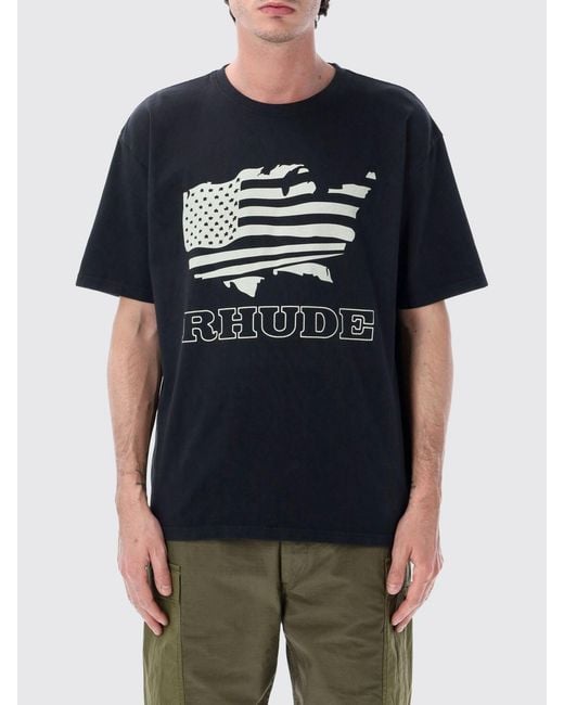 Rhude Blue Crewneck Cotton T-Shirt With Graphic Print And Contrast Logo for men