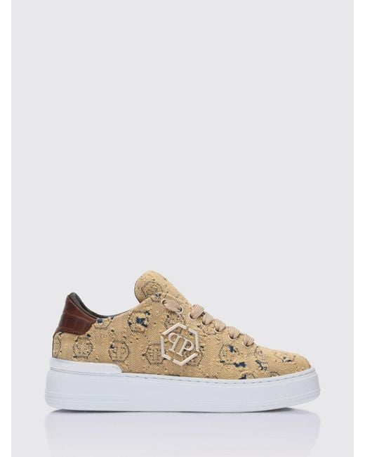 Philipp Plein Brown Bleached Denim Sneakers With Hexagon Jacquard for men