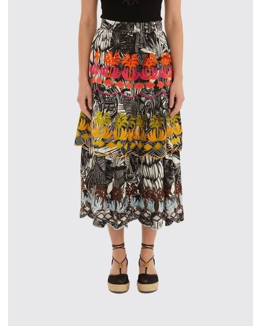 Farm Rio Multicolor High-Waist Tropical Print Embroidered Cotton Midi Skirt