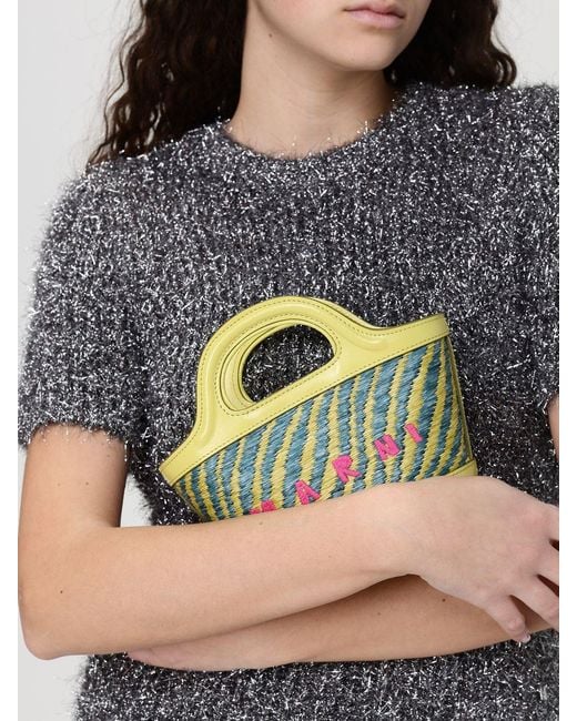 Marni Blue Tropicalia Mini Raffia And Leather Bag With Embroidered Logo