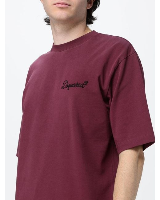 DSquared² Purple Crewneck Cotton T-Shirt With Contrasting Front Logo Print for men