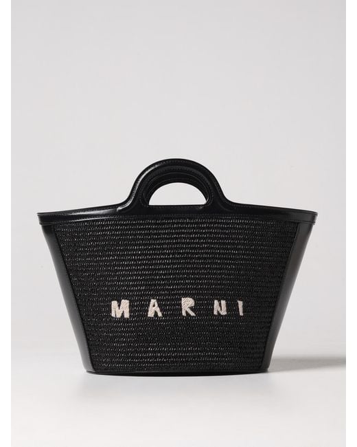 Marni Black Tropicalia Bag In Leather And Raffia