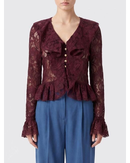 Self-Portrait Red V-Neck Ruffle Lace Long-Sleeve Top