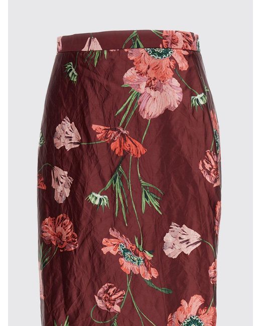 Erdem Red Floral Satin High-Waisted Midi Pencil Skirt