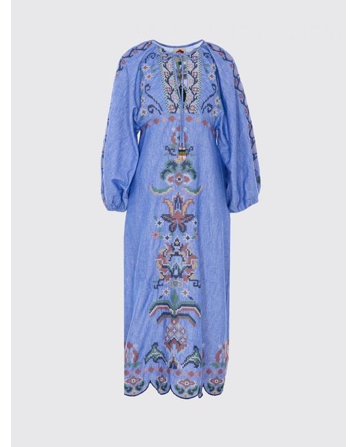 Farm Rio Blue Garden Tapestry Linen Dress With Embroidery