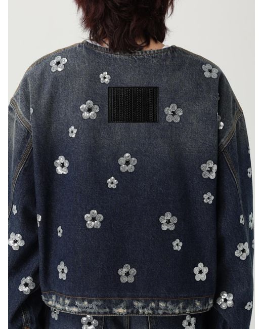 Marc Jacobs Blue Floral Embellished Denim Jacket With Front Zip Closure