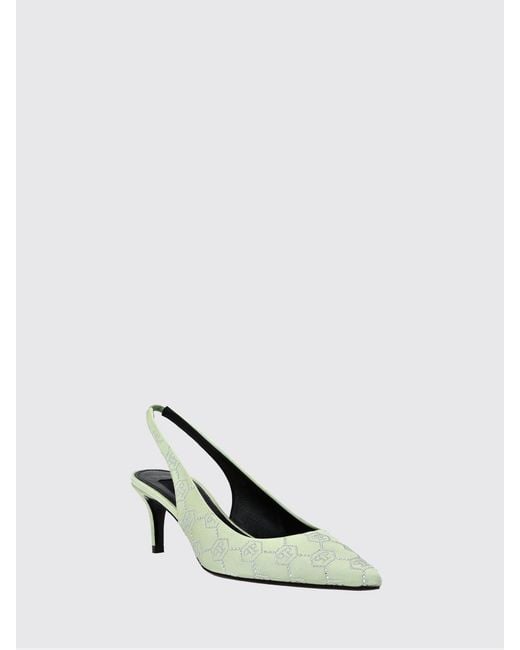 Philipp Plein White Satin Slingback Pumps With Hexagon Logo And Mid Heel