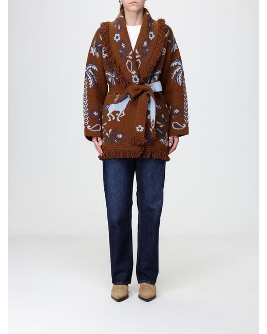 Alanui Blue Jacquard Wool And Cashmere Blend Cardigan With Fringed Trim And Belt