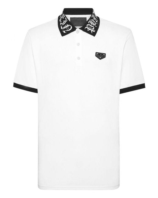 Philipp Plein White Hexagon Logo Cotton Polo Shirt With Ribbed Collar for men