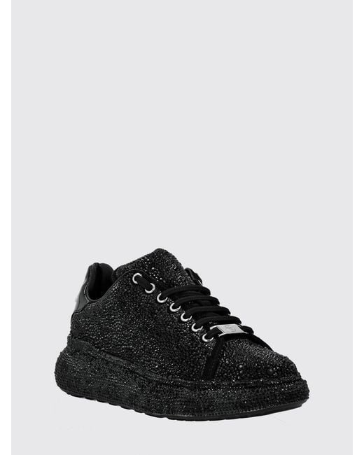Philipp Plein Black Leather Platform Sneakers With Embroidered Details And Rhinestones