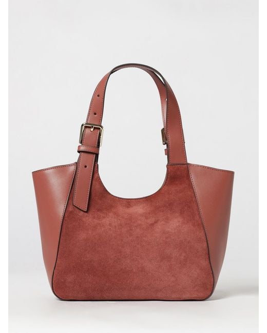 Furla Red Suede And Smooth Leather Shoulder Bag With Double Handle