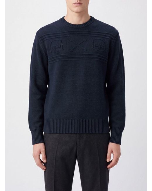 McQueen Blue Wool Crewneck Jumper With All-Over Skull Jacquard Motif for men