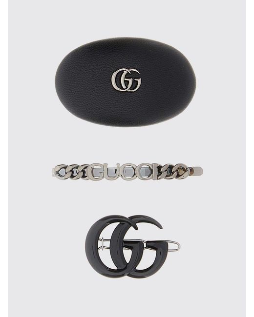 Gucci Black Set Of 3 Metal And Leather Hair Clips
