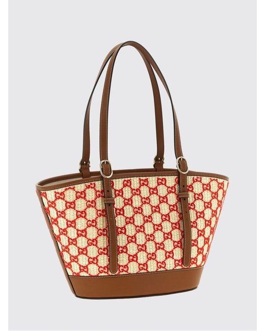 Gucci Pink Raffia Shoulder Bag With Embroidered Gg Monogram And Double Handles