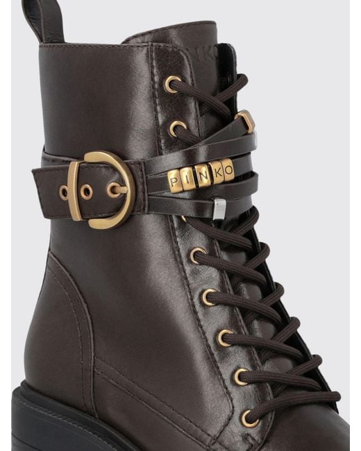 Pinko Brown Altea Leather Combat Boots With Lug Sole And Medium Heel