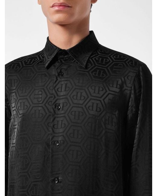 Philipp Plein Black Silk Shirt With All-Over Monogram Print And Hexagon Logo for men