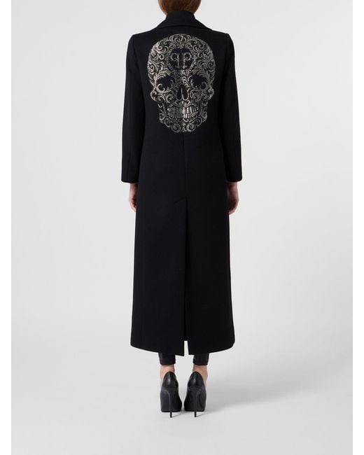 Philipp Plein Black Long Double-Breasted Wool Coat With Skull Print And Crystals