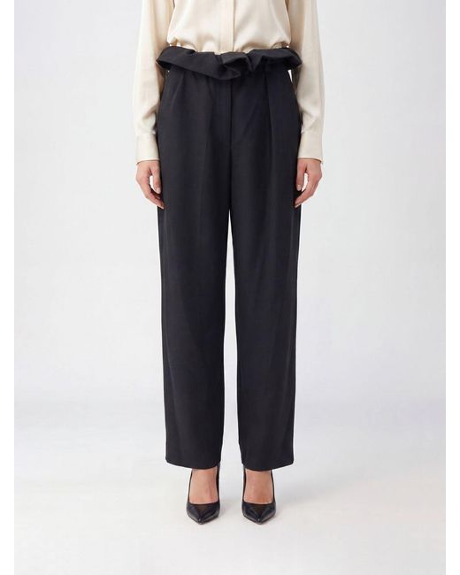 Khaite Blue Straight Merino Wool Trousers With Ruched Waist And Back Closure