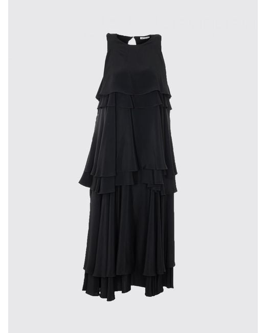 AMI Black Silk Blend Long Dress With Ruffles