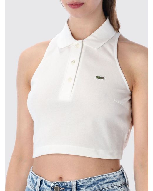 Lacoste Blue Cropped Stretch Cotton Polo Top With Classic Collar