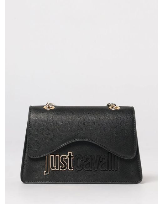 Just Cavalli Black Saffiano Leather Shoulder Bag With Logo