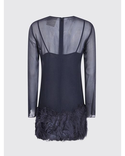 Semicouture Blue Long-Sleeved Chiffon Mini Sheath Dress With Feathers