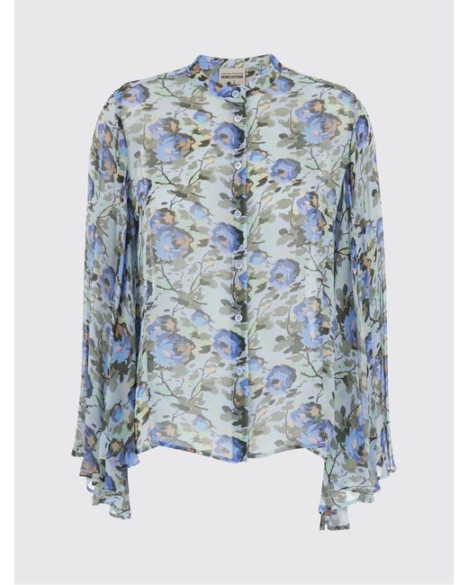 Semicouture Blue Floral Viscose Shirt With Mandarin Collar