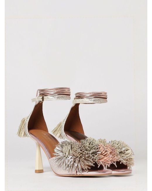 Kurt Geiger Natural Pom Pom Laminated Leather Rhinestone Sandal
