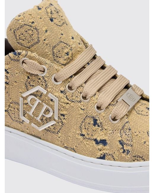 Philipp Plein Brown Bleached Denim Sneakers With Hexagon Jacquard for men