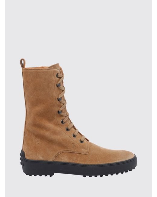 Tod's Brown Calf-High Suede Combat Boots With T Timeless Logo And Gommino Sole