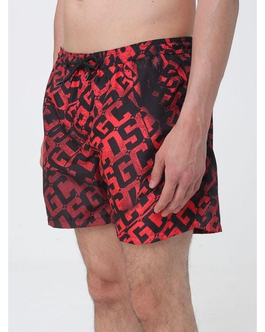 Gcds Red Nylon Swimsuit With All-Over Logo for men