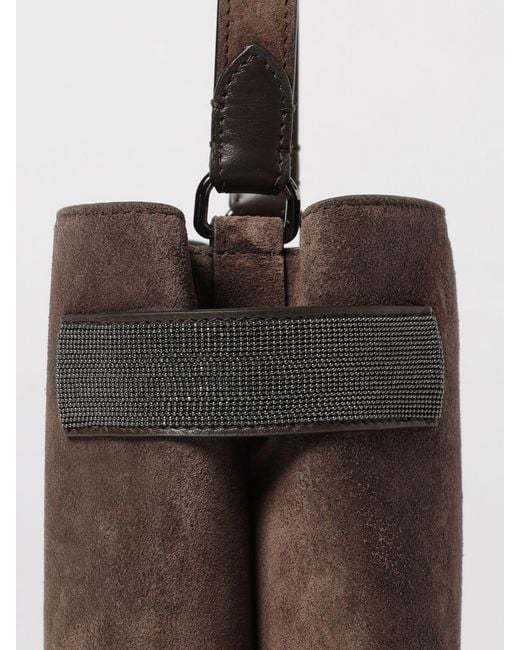 Brunello Cucinelli Brown Small Suede Handbag With Monili Embellishment