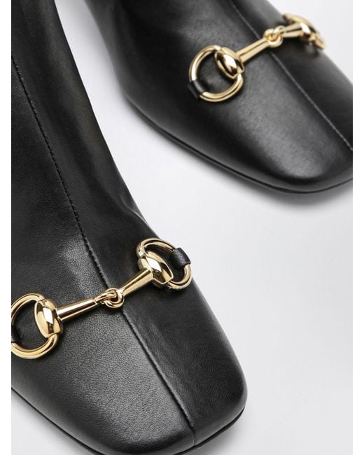Gucci Black Signora Stretch Leather Ankle Boots With Horsebit And Block Heel