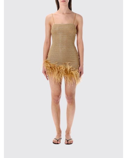 Oseree Natural Metallic Jersey Mini Dress With Feathers