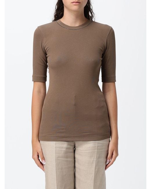 Brunello Cucinelli Brown Stretch Cotton T-Shirt With Monili Embellishment