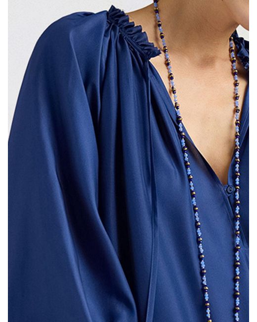 Momoní Blue MomonÌ Long Silk Tunic With Balloon Sleeves And V-Neck