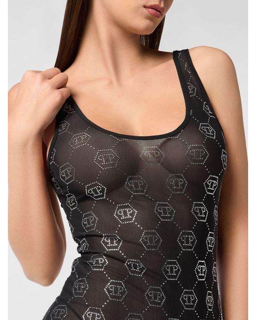 Philipp Plein Black Rhinestone Jersey Midi Dress