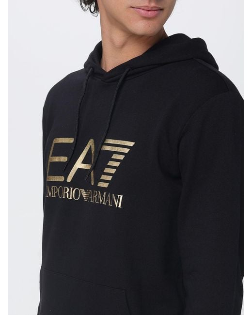 EA7 Black Logo-Print Cotton Hoodie for men