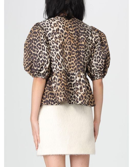Ganni Black Animal Print Cotton Poplin Blouse
