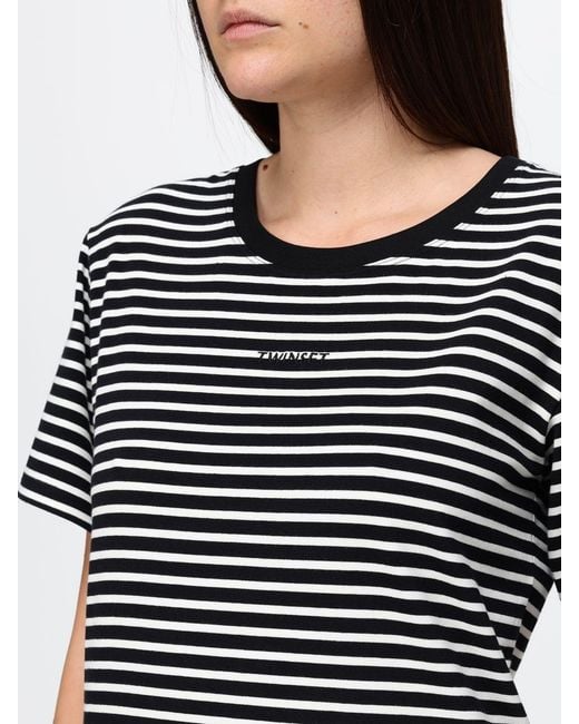 Twinset Black Striped Cotton T-Shirt With Logo