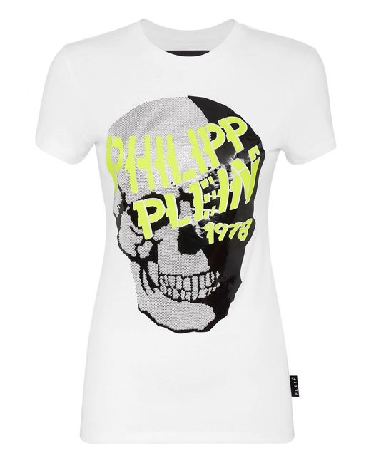 Philipp Plein White Slim Fit Jersey T-Shirt With Rhinestone Skull Print