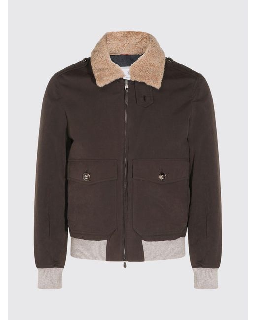 Brunello Cucinelli Brown Suede Bomber Jacket With Shearling Collar And Padding for men