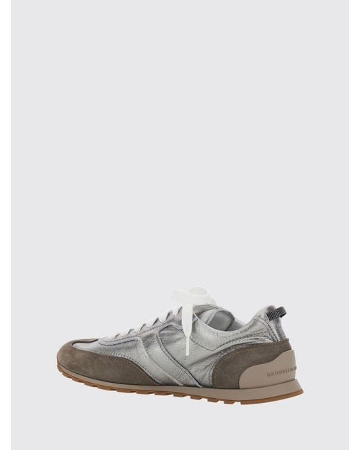 Brunello Cucinelli White Bicolour Laminated And Suede Leather Trainers With Monili